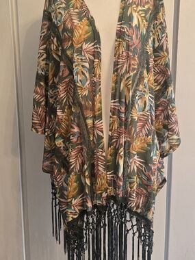 Tropical Leaf Fringe Kimono - Olive Multi